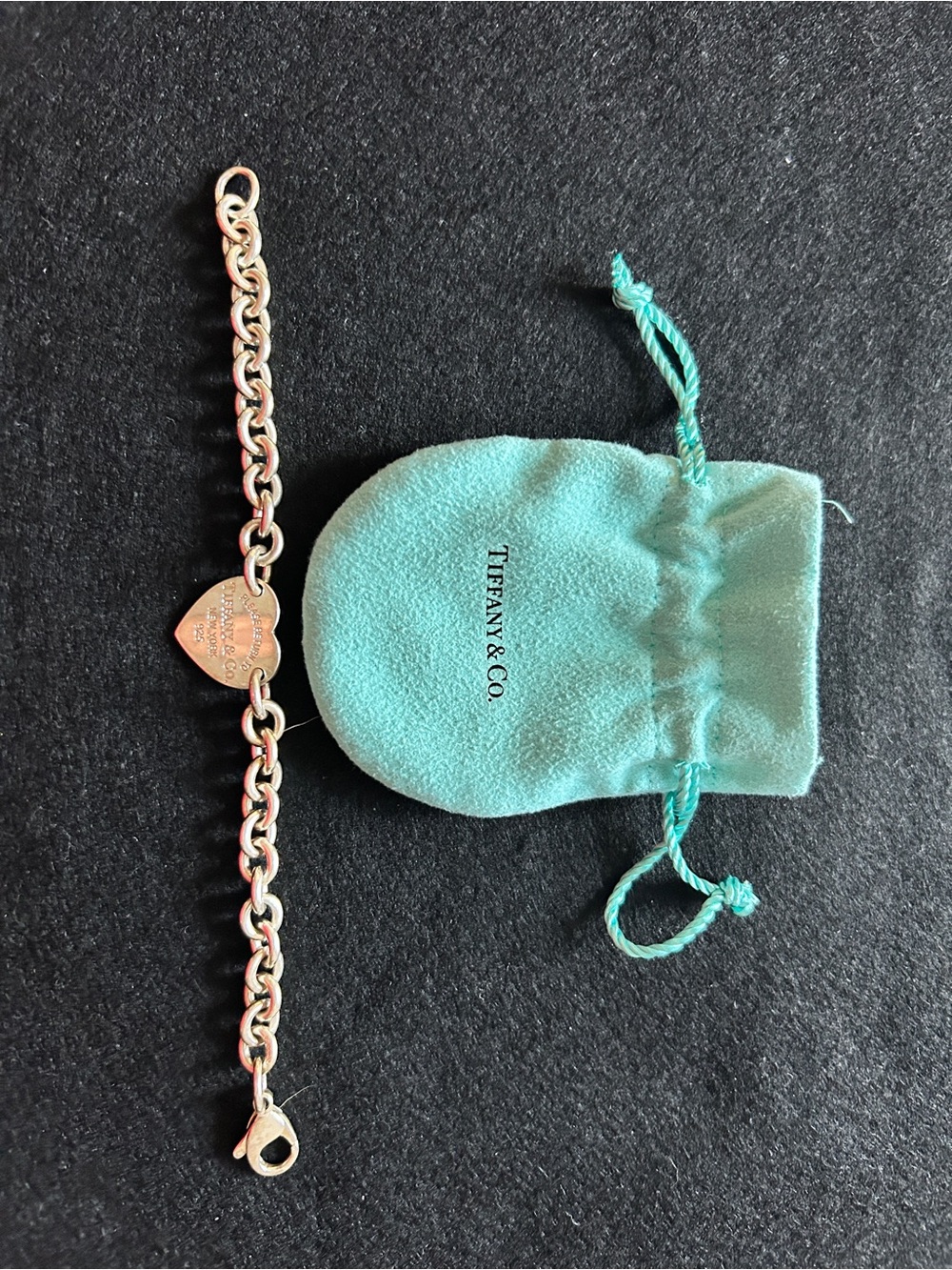 Tiffany & Co. Silver Heart Tag Bracelet with Signature Blue Pouch